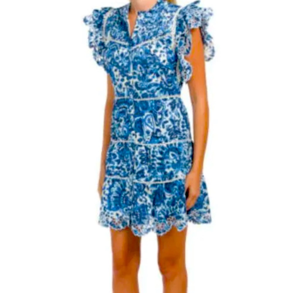 House of Harlow 1960 Melba Blue Floral Ruffle Button Front Dress Medium